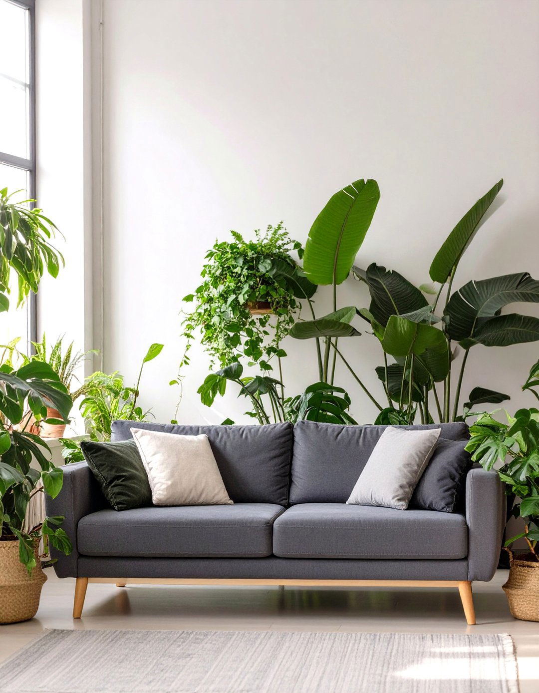 The Urban Jungle Living Room - 30 dark grey couch living room ideas