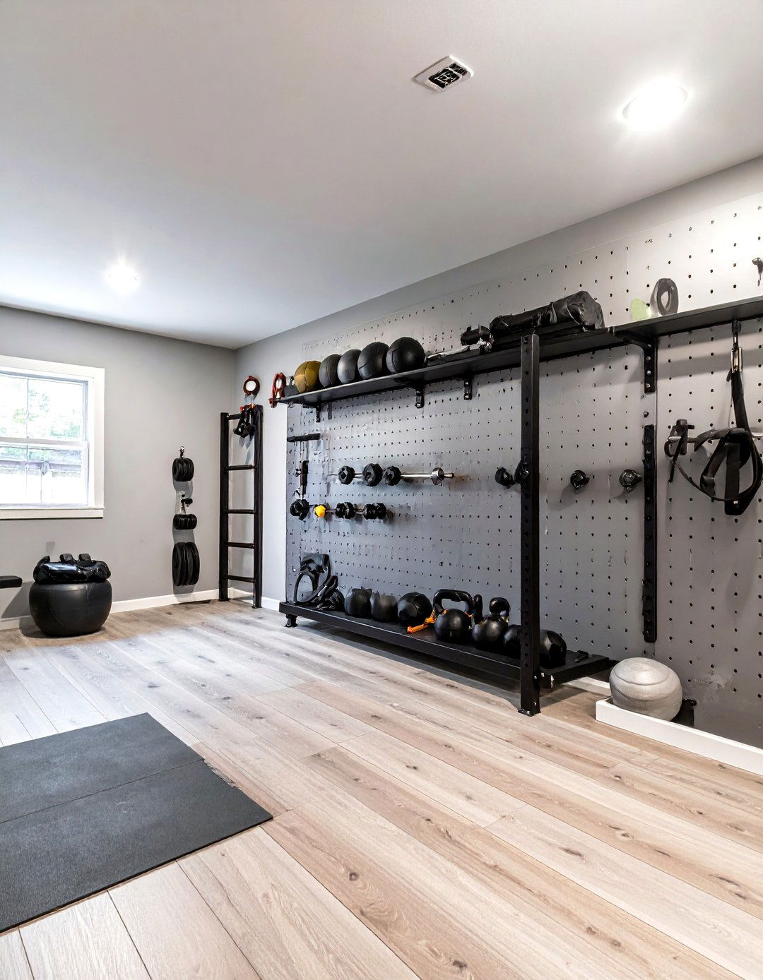 The Utilitarian Pegboard Wall Basement Gym - 30 basement home gym ideas