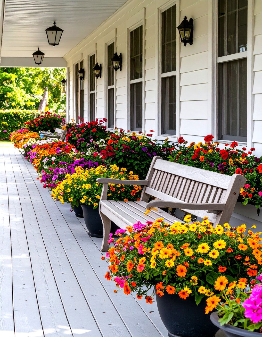 The Vibrant Floral Display Front Porch - 30 long narrow front porch decorating ideas
