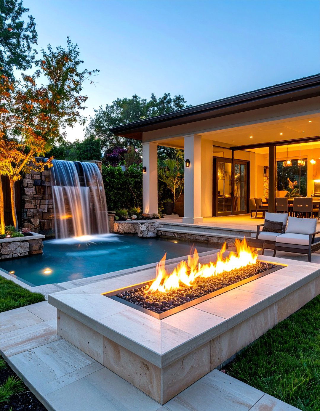 The Waterfall and Fire Feature - 30 backyard firepit ideas