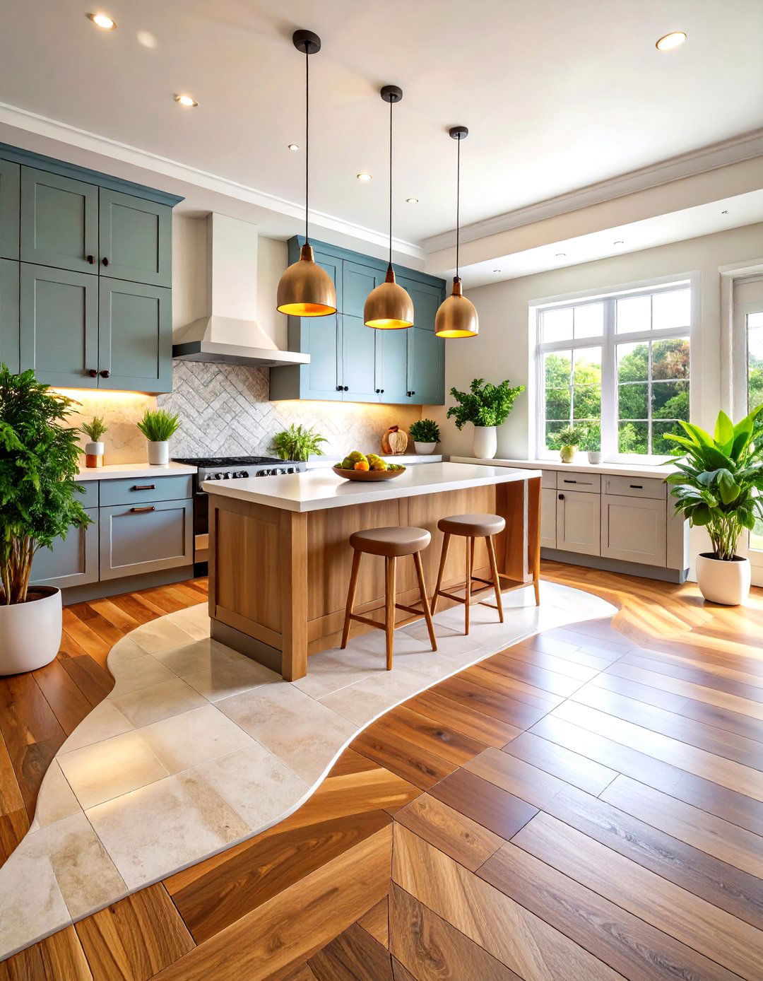 The Wavy and Organic Flow - 30 kitchen tile to wood floor transition ideas