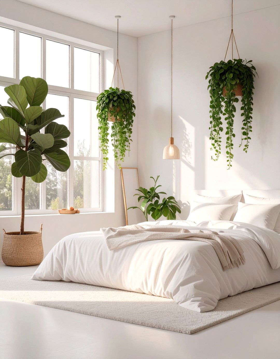 The White Bedroom with Natural Greenery - 30 modern white bedroom ideas