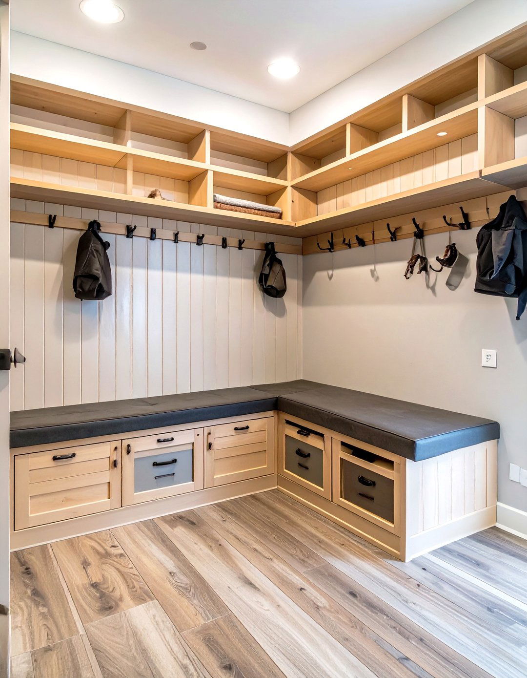The Wraparound Corner Bench Garage Mudroom - 30 garage mudroom ideas