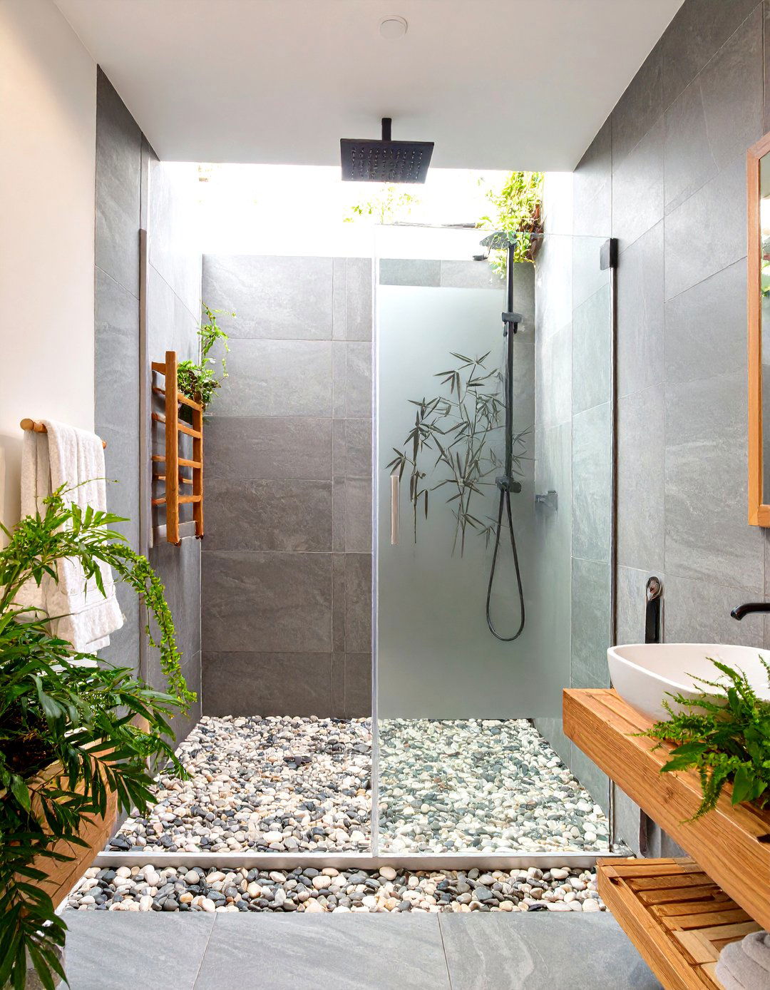 The Zen Garden with Bamboo Elements - 30 doorless walk-in shower ideas