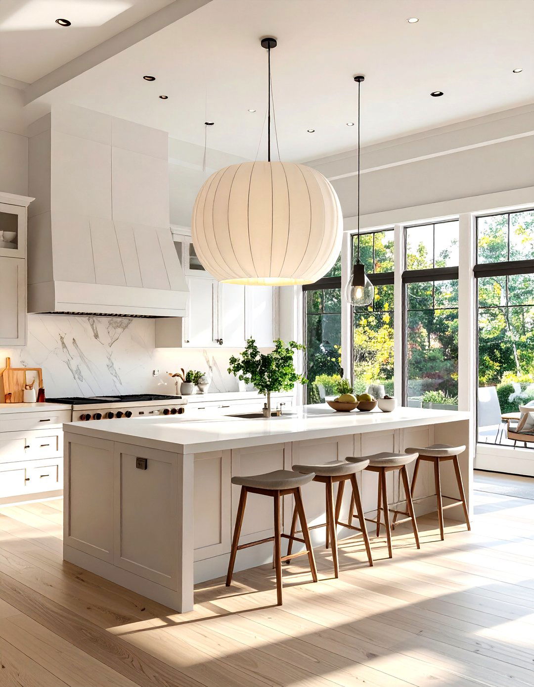 Theatrical Kitchen with Oversized Drum Pendants - 30 kitchen island pendant lighting ideas