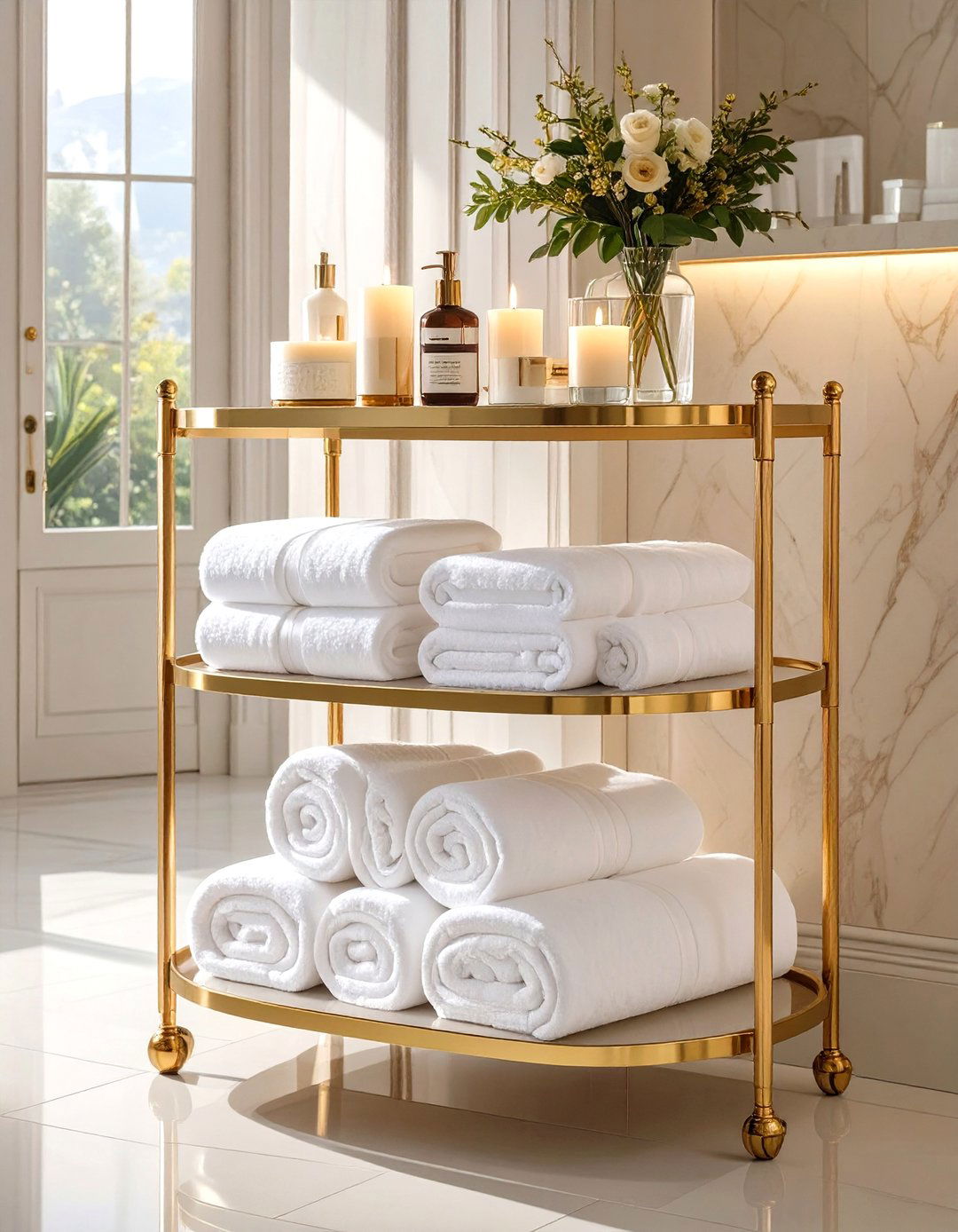 Tiered Bar Cart for Towels - 30 bathroom towel rack ideas