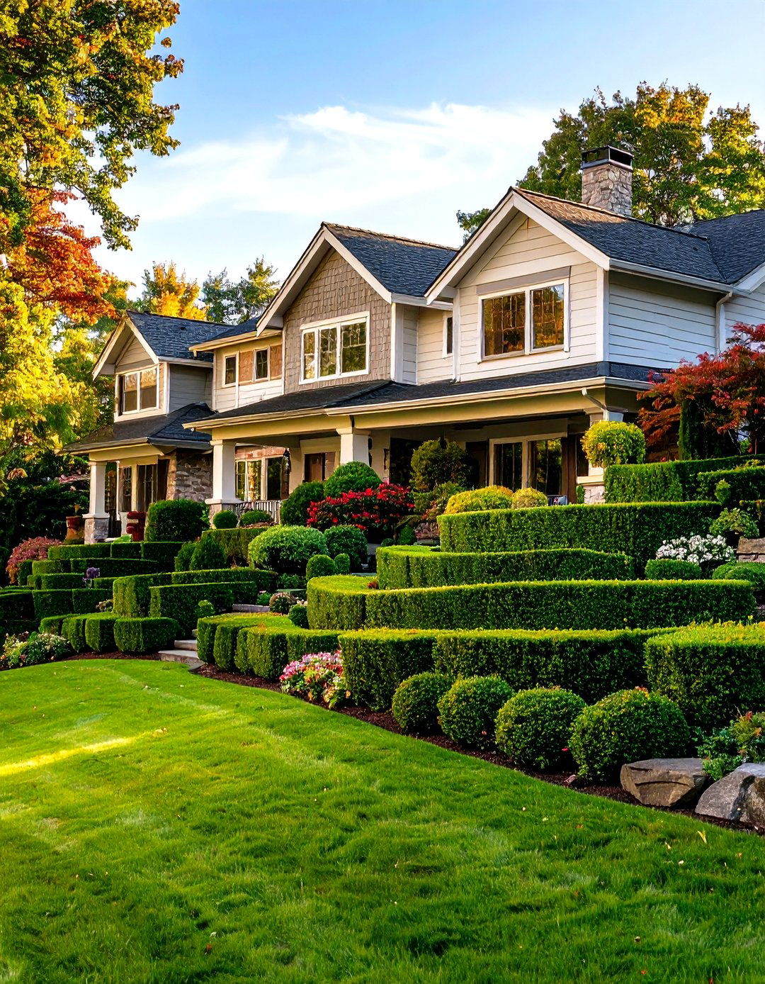 Tiered Boxwood Hedges on a Slope - 30 front yard boxwood designs