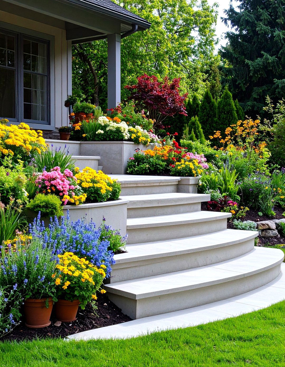 Tiered Concrete Patio with Garden Beds - 30 backyard concrete patio ideas