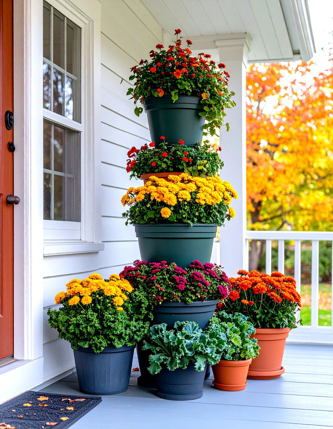 Tiered Fall Planter Tower - 30 front porch fall planter ideas