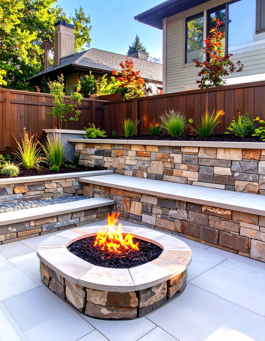 Tiered Garden Bed with Fire Pit - 30 small outdoor fireplace ideas