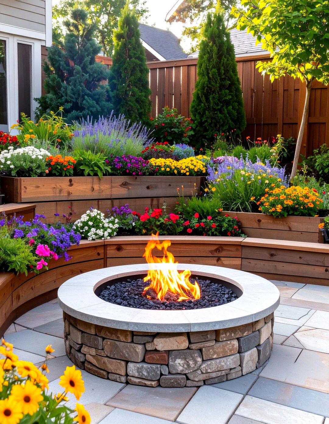 Tiered Garden Bed with a Fire Pit - 30 small backyard fire pit ideas landscaping