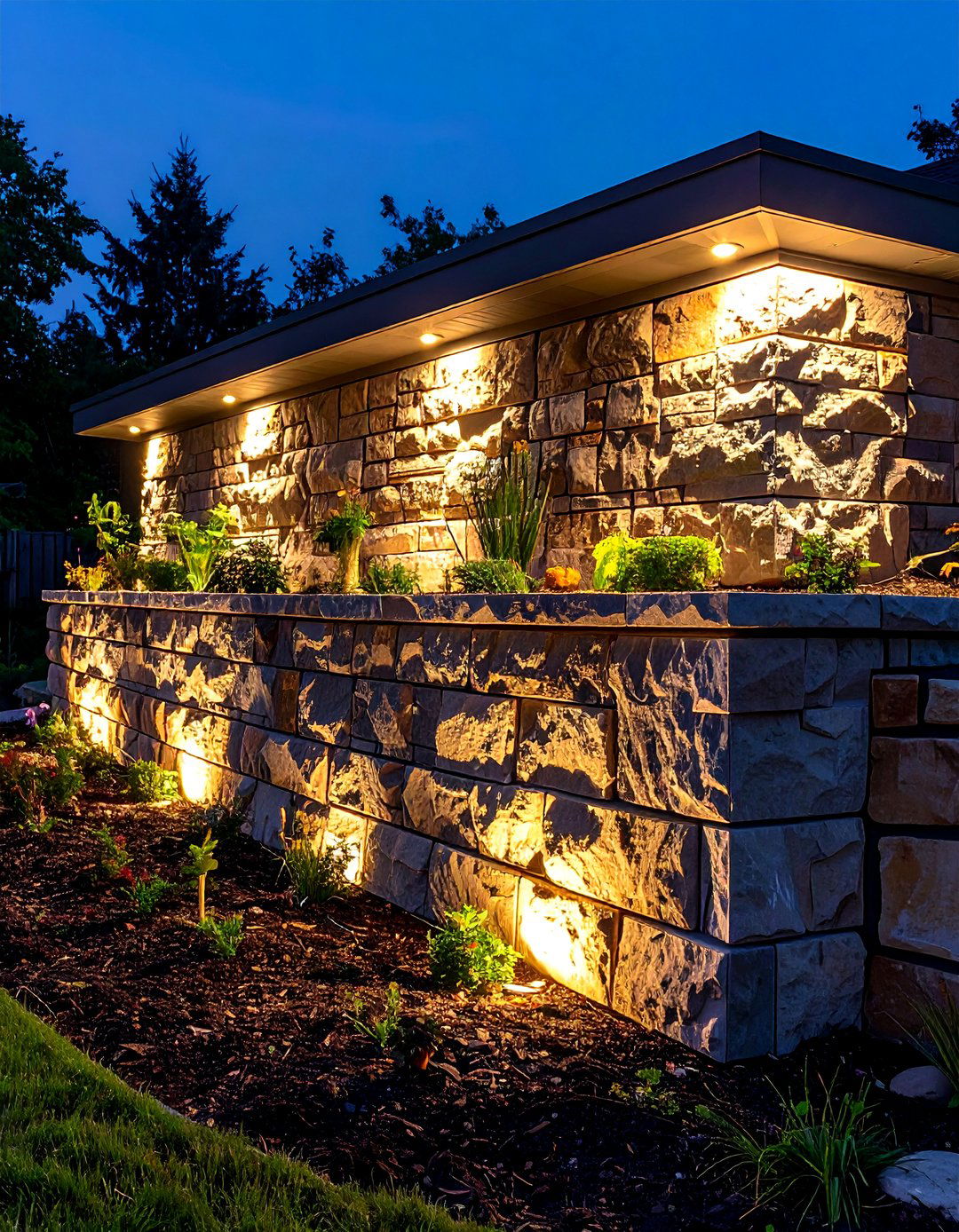 Tiered Garden Wall Illumination - 30 backyard lighting ideas