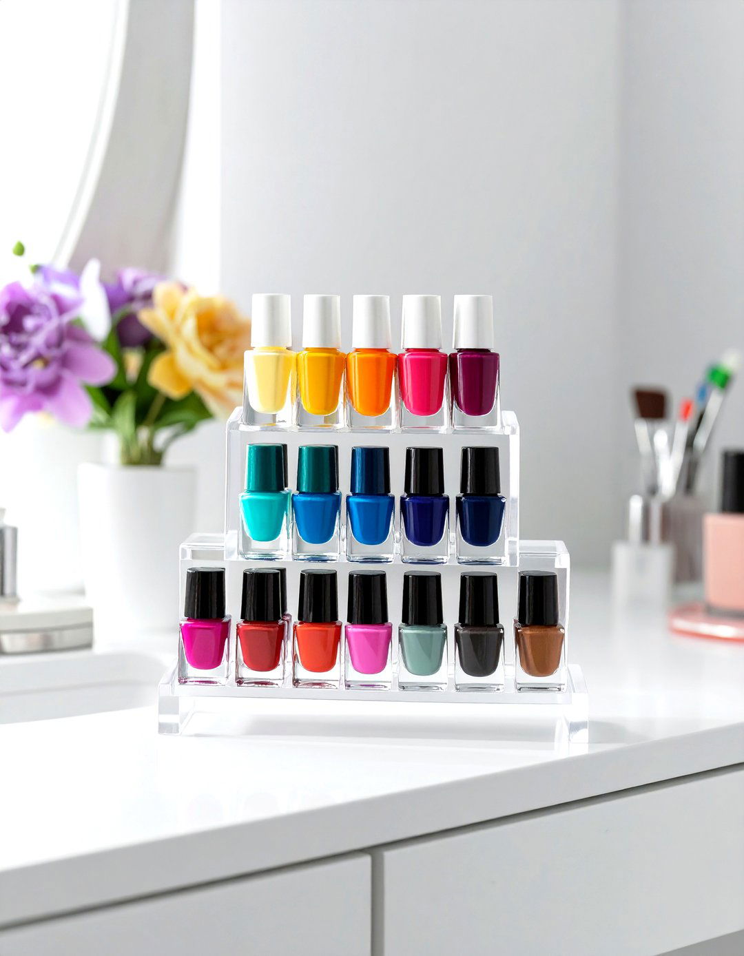 Tiered Nail Polish Racks - 30 vanity organization ideas