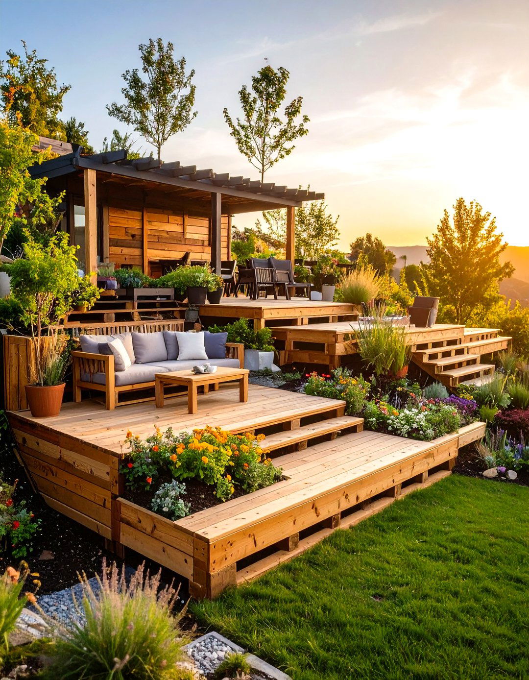 Tiered Pallet Deck on a Slope - 30 pallet deck ideas
