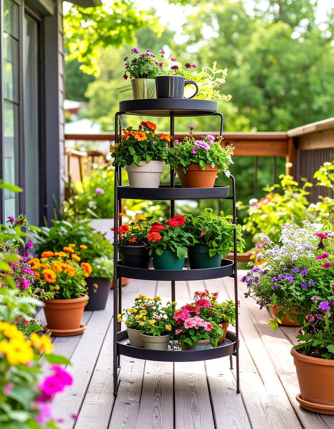 Tiered Plant Stand as a Side Table - 30 small deck furniture ideas