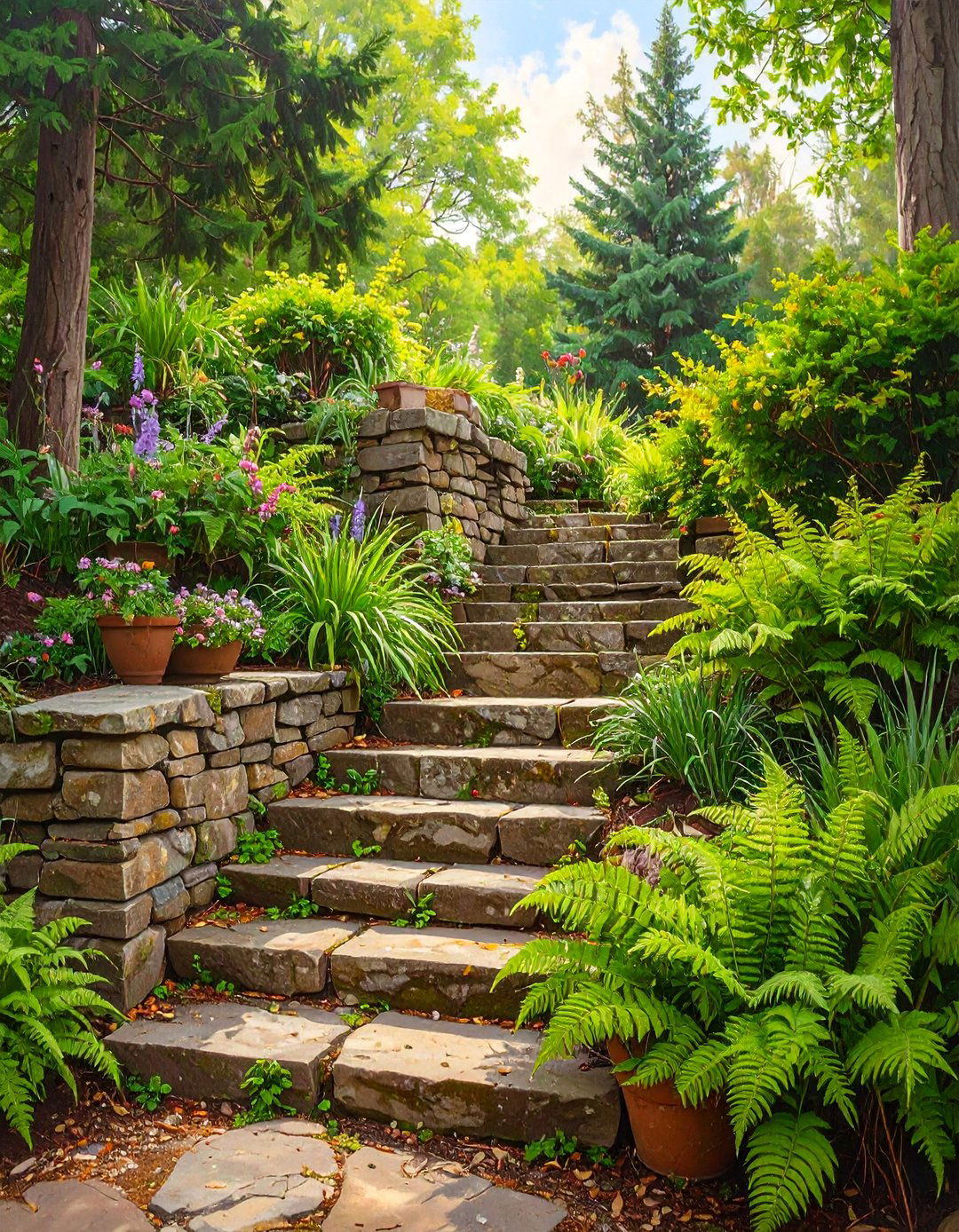Tiered Retaining Wall with Steps - 30 backyard retaining wall ideas