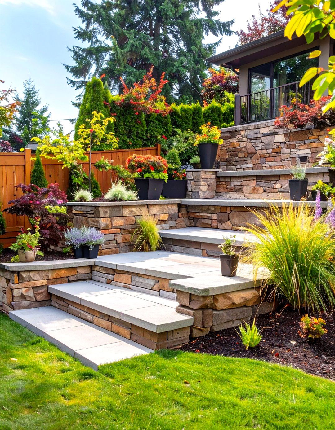 Tiered Retaining Walls for Sloped Yards - 30 small backyard ideas no grass