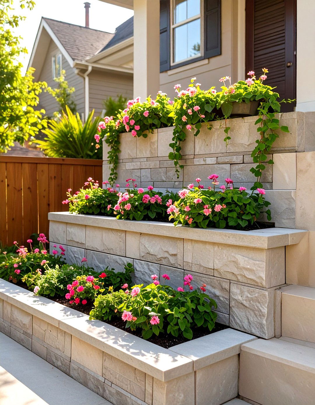 Tiered Retaining Walls with Planting Pockets - 30 sloped backyard ideas