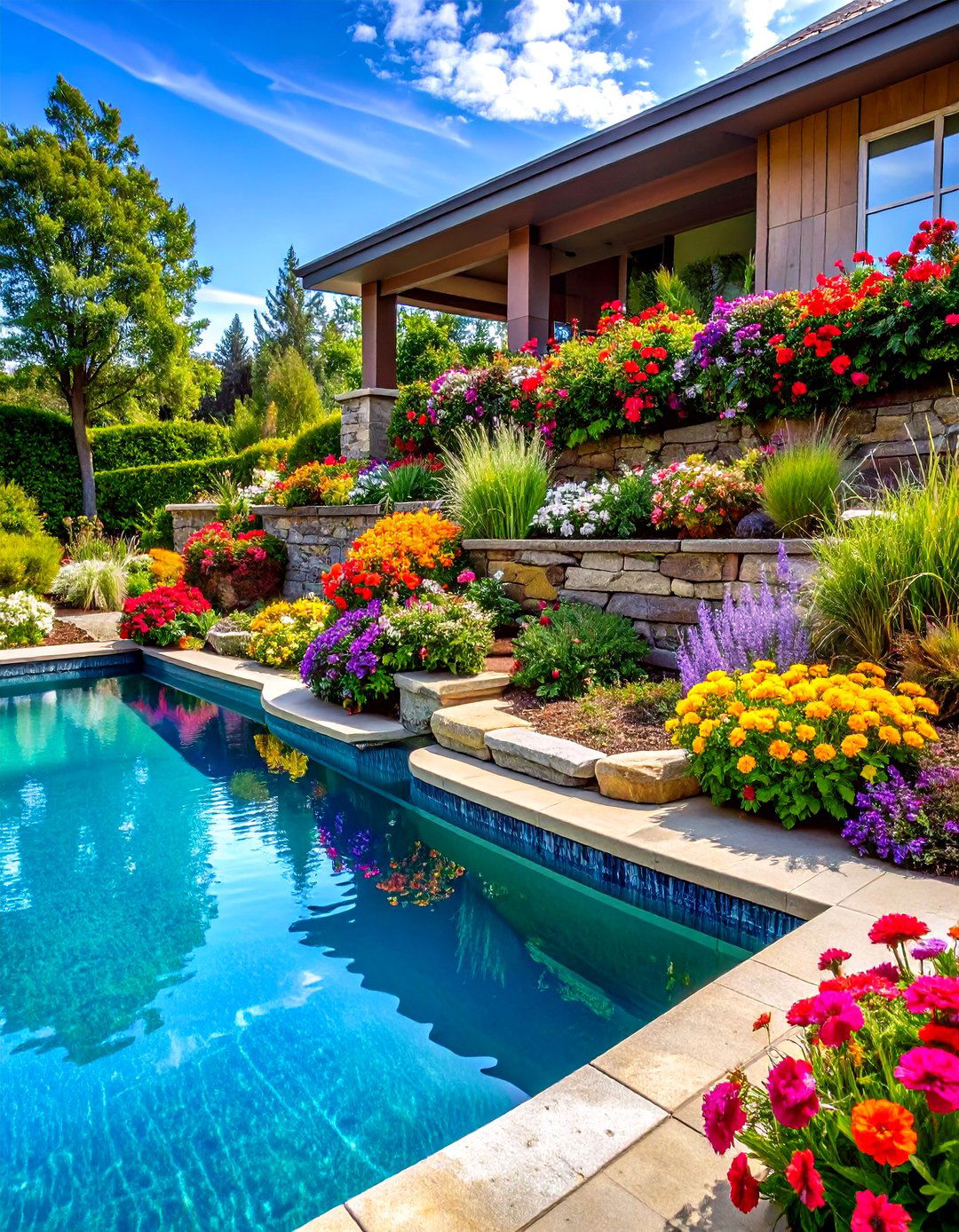 Tiered Retaining Walls with Plantings - 30 pool landscape ideas