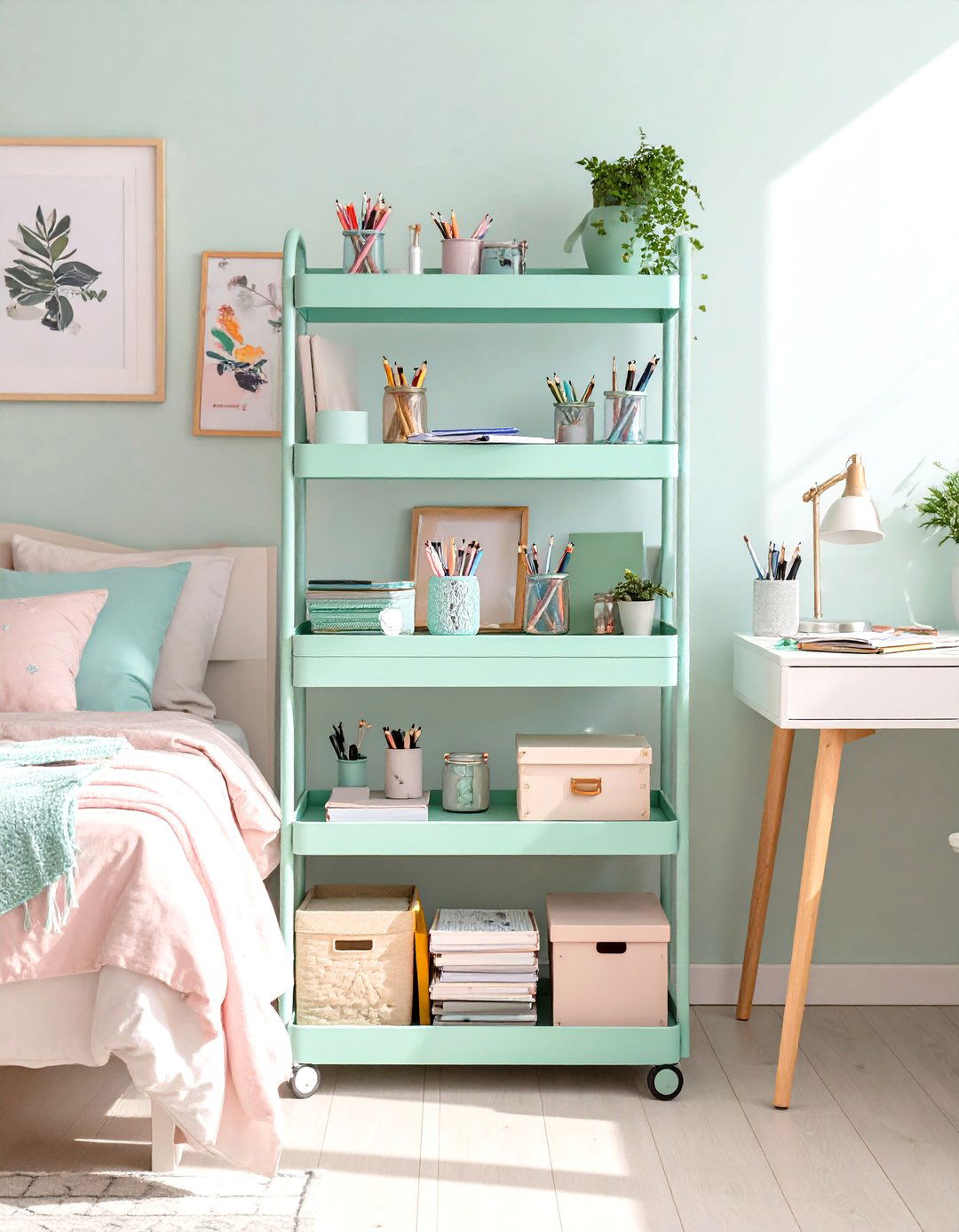 Tiered Rolling Cart for Supplies - 30 teenage girl bedroom ideas for small rooms