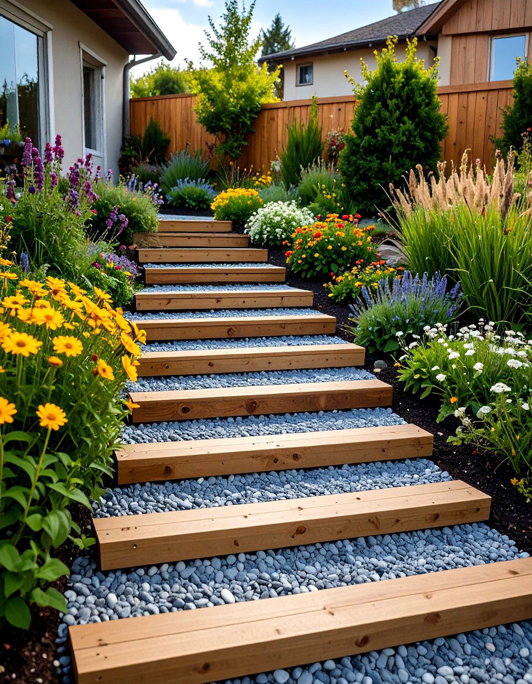 Tiered Timber and Gravel Patio Steps - 30 patio steps ideas
