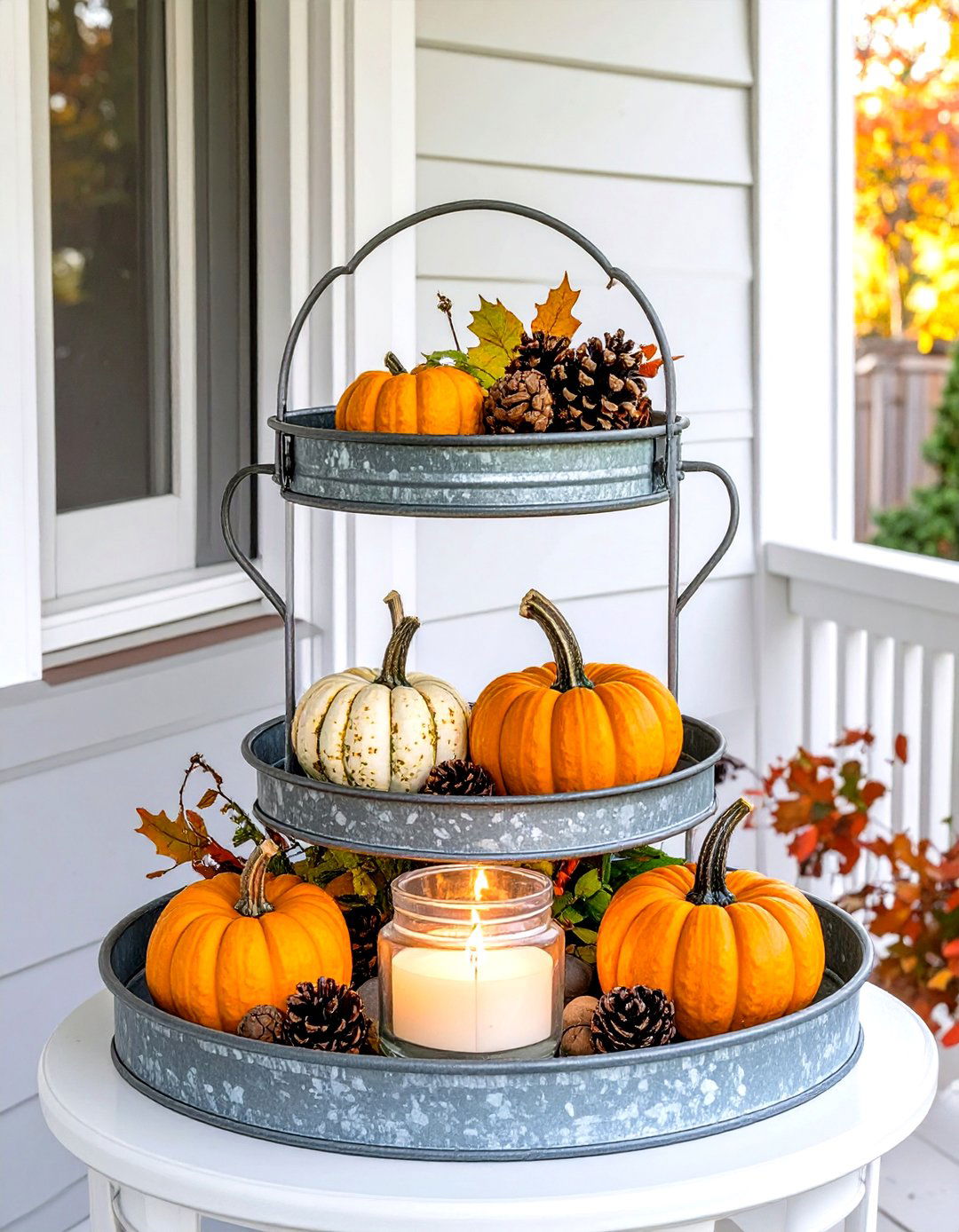 Tiered Tray with Fall Goodies - 30 small front porch fall decorating ideas