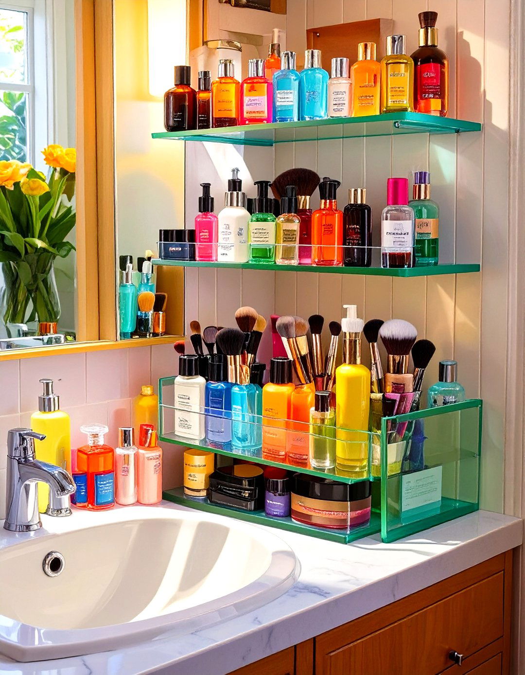 Tiered Vanity Countertop Shelf - 30 shelves very small bathroom storage ideas