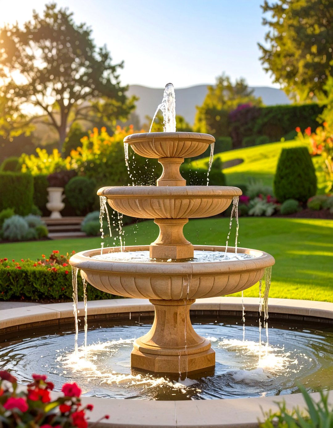 Tiered Water Fountain Feature - 30 sloped backyard landscaping ideas