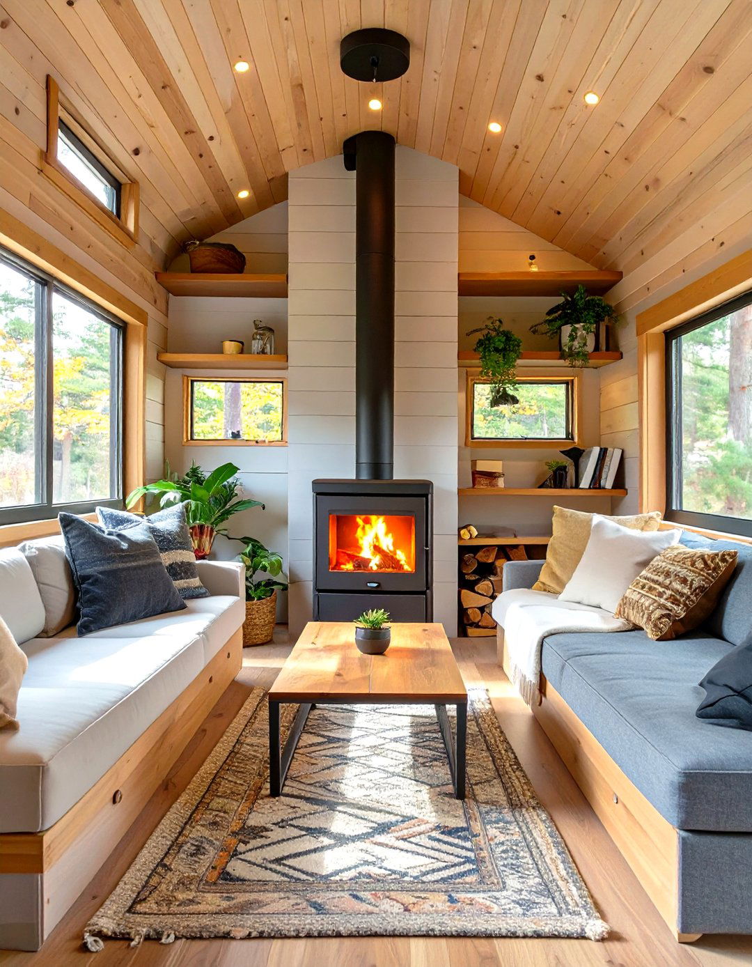 Tiny House Design Plan with a Central Fireplace - 30 tiny house design plans ideas