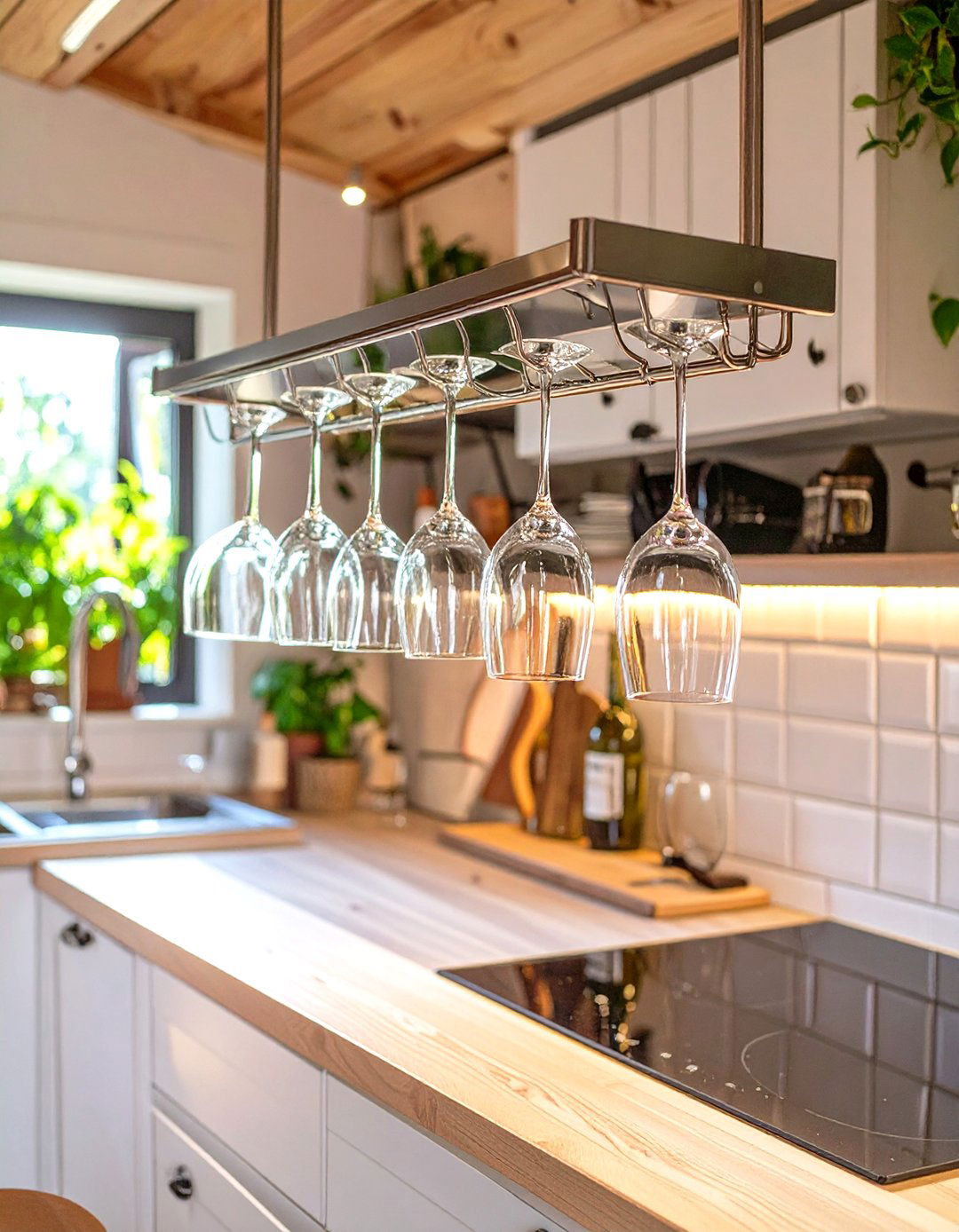 Tiny House Kitchen with Ceiling Mounted Glassware Racks - 30 tiny house kitchen ideas