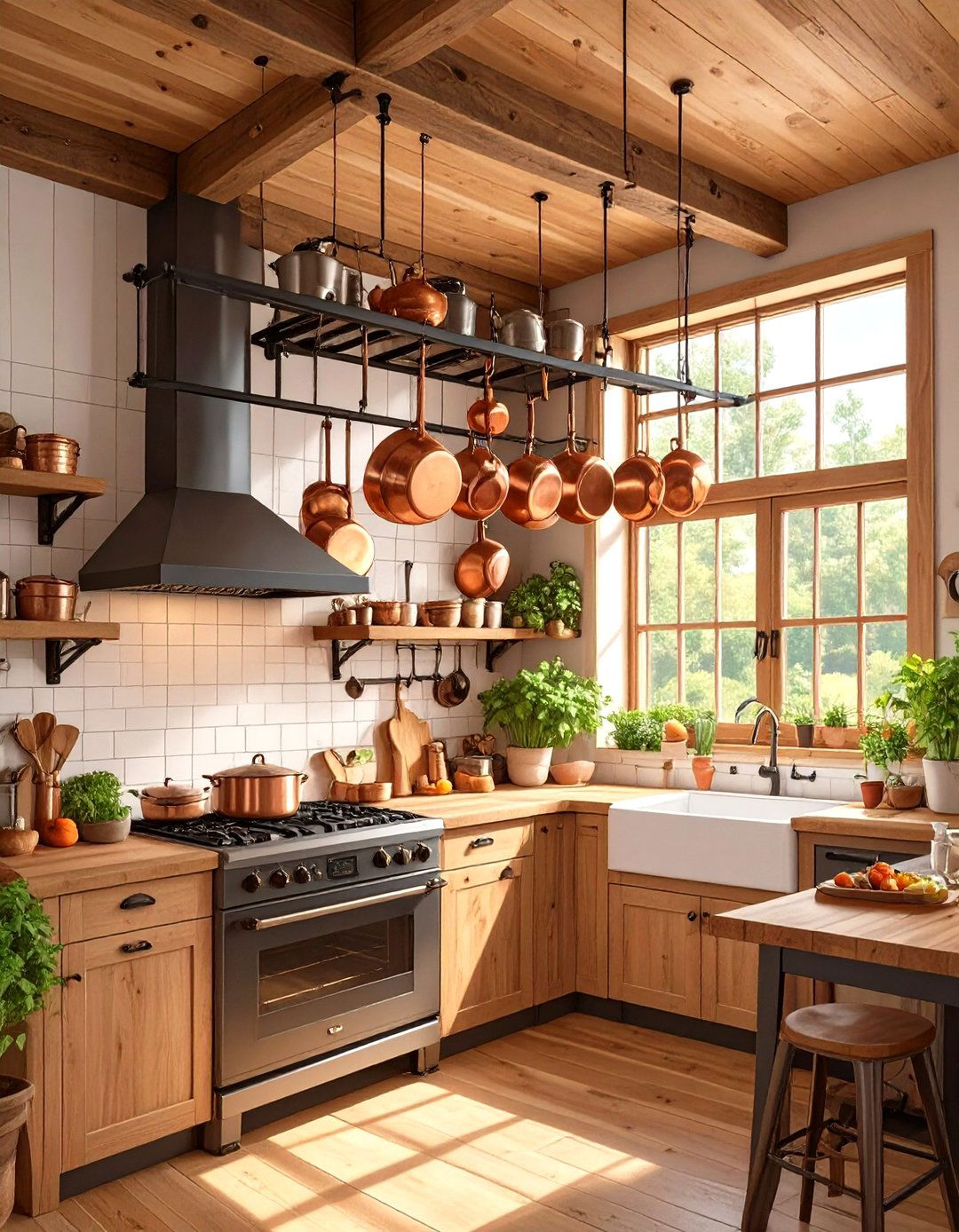 Tiny House Kitchen with Hanging Pot and Pan Racks - 30 tiny house kitchen ideas