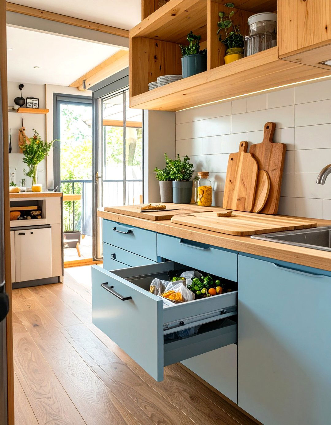 Tiny House Kitchen with Integrated Cutting Board Drawer - 30 tiny house kitchen ideas