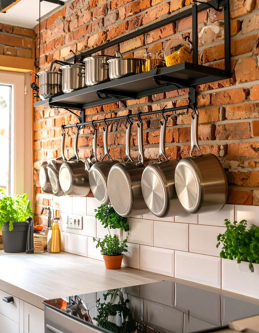 Tiny Kitchen with a Wall Mounted Pot Rack - 30 tiny kitchen ideas