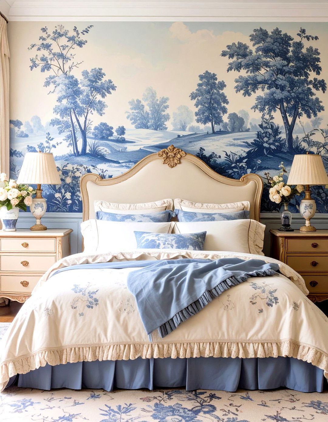 Toile de Jouy Pastoral Scene Bedroom - 30 classy bedroom wallpaper designs