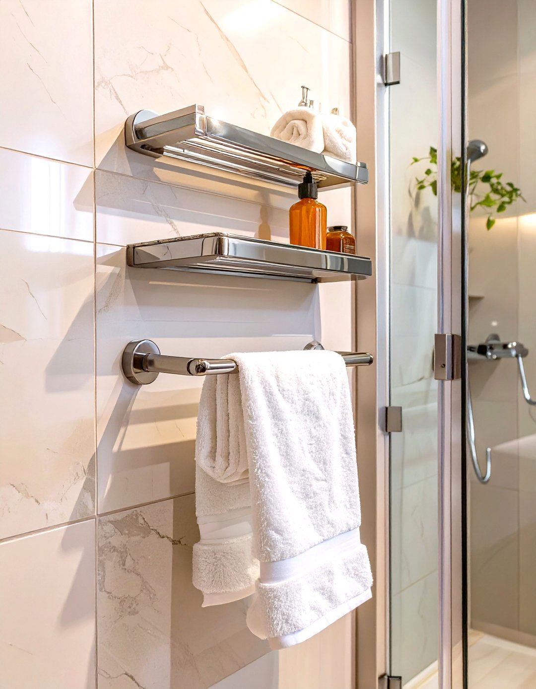 Towel Bar with Integrated Storage Shelf - 30 shower storage ideas