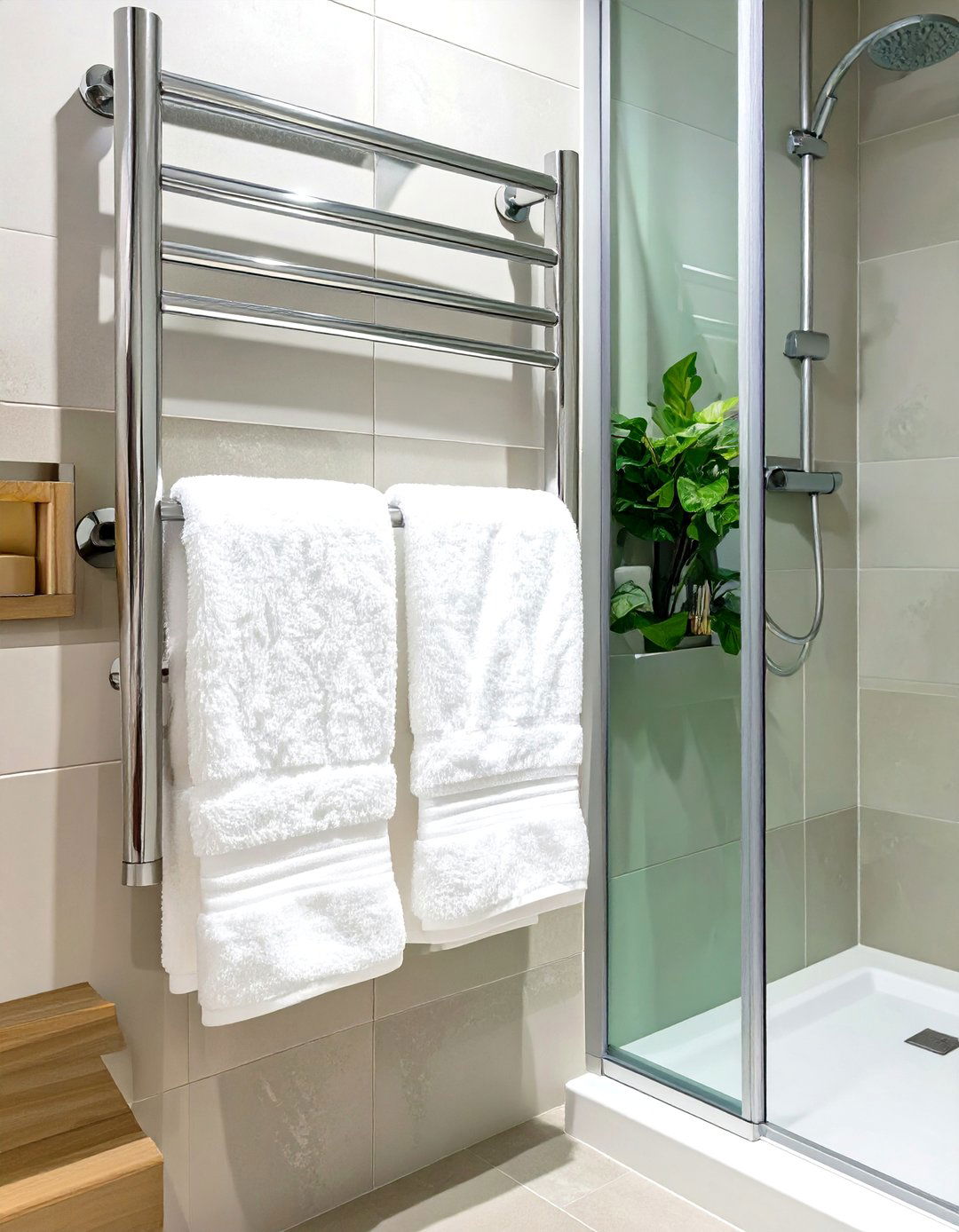 Towel Warmer as a Functional Upgrade - 30 small bathroom remodel ideas with shower