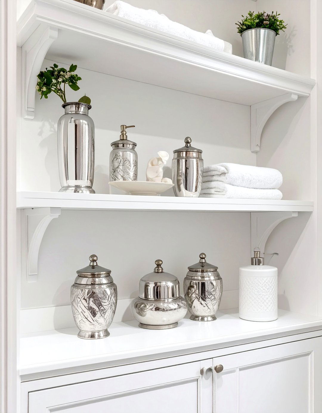 Traditional Bathroom Shelving with Crown Molding - 30 floating shelves bathroom ideas