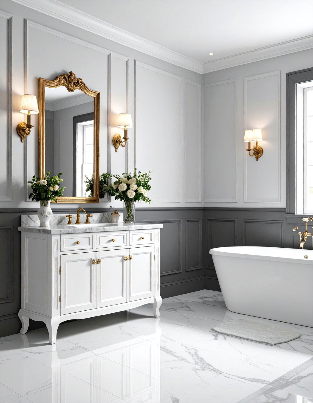 Traditional Bathroom with Gray Wainscoting - 30 gray and white bathroom ideas