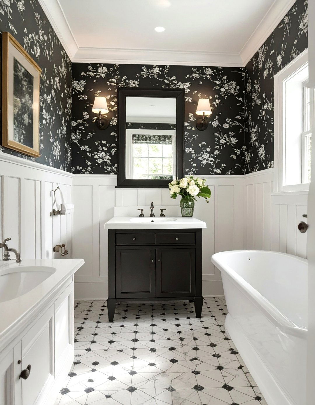 Traditional Bathroom with Toile Wallpaper - 30 black and white bathroom ideas