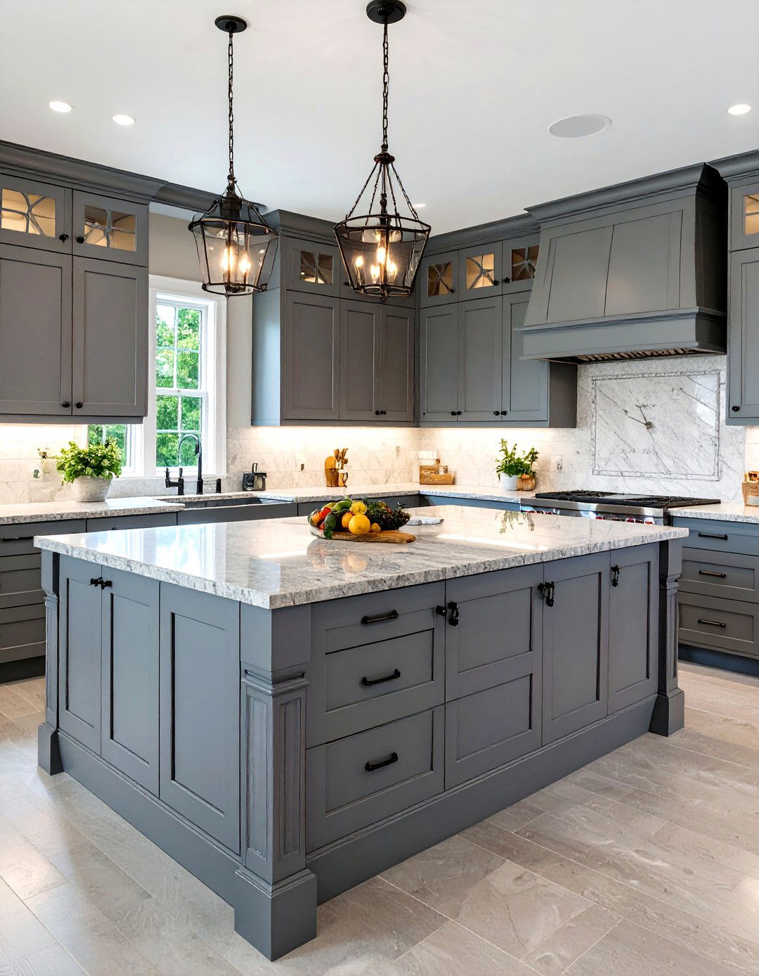 Traditional Grey Kitchen with Ornate Details - 30 grey kitchen cabinets ideas
