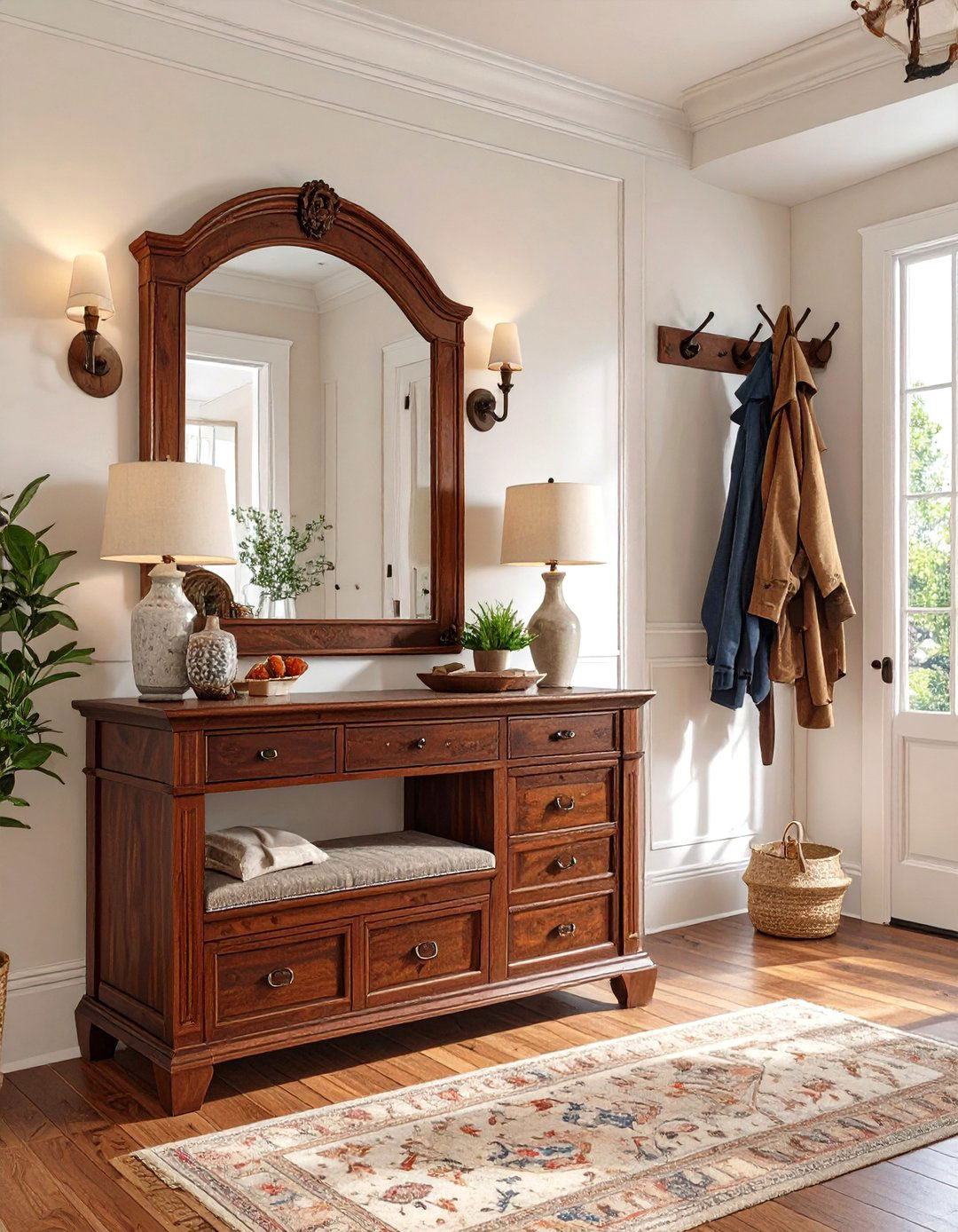 Traditional Hall Tree with Integrated Storage - 30 hallway storage ideas