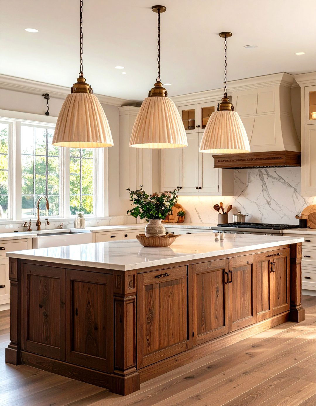 Traditional Kitchen Elegance with Fabric Shade Pendants - 30 kitchen island lighting ideas