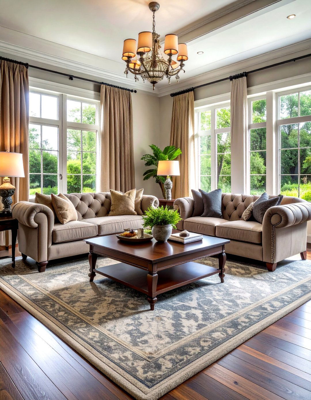 Traditional Living Room with Grey Patterned Carpet - 30 grey flooring living room ideas