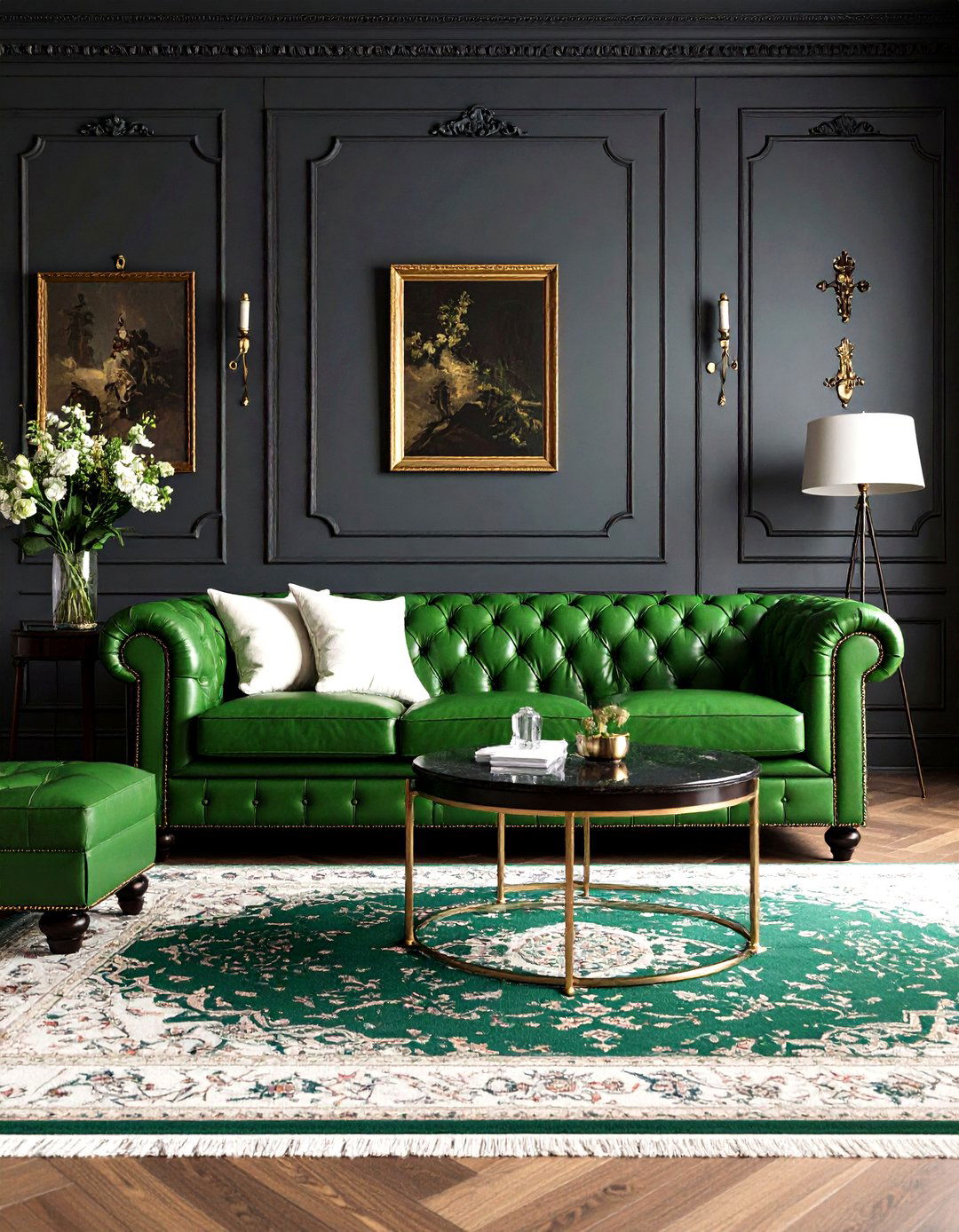 Traditional Living Room with a Green Chesterfield Sofa - 30 green sofa living room ideas