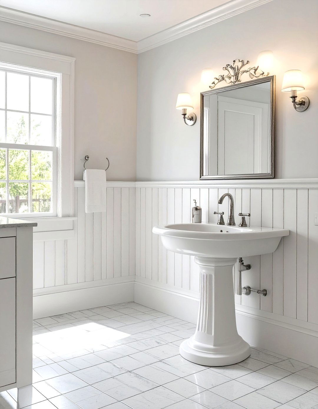 Traditional White Bathroom with Wainscoting - 30 white bathroom ideas
