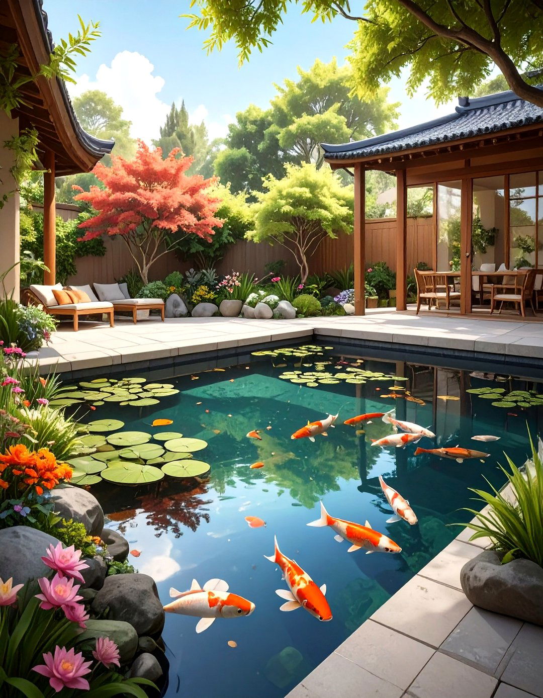 Tranquil Patio with a Koi Pond - 30 outdoor patio design pictures ideas