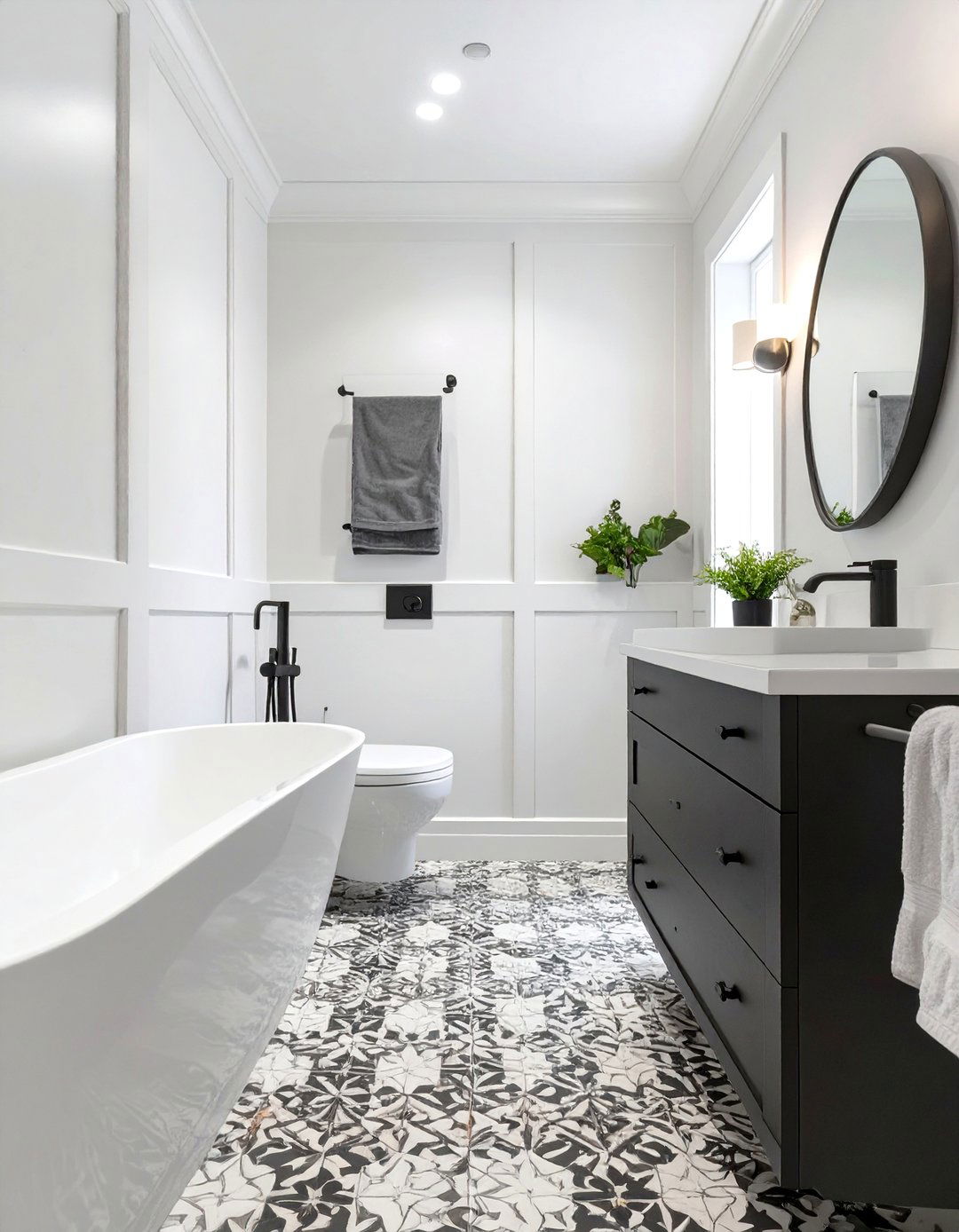 Transitional Bathroom with Paneled Walls - 30 black and white bathroom ideas