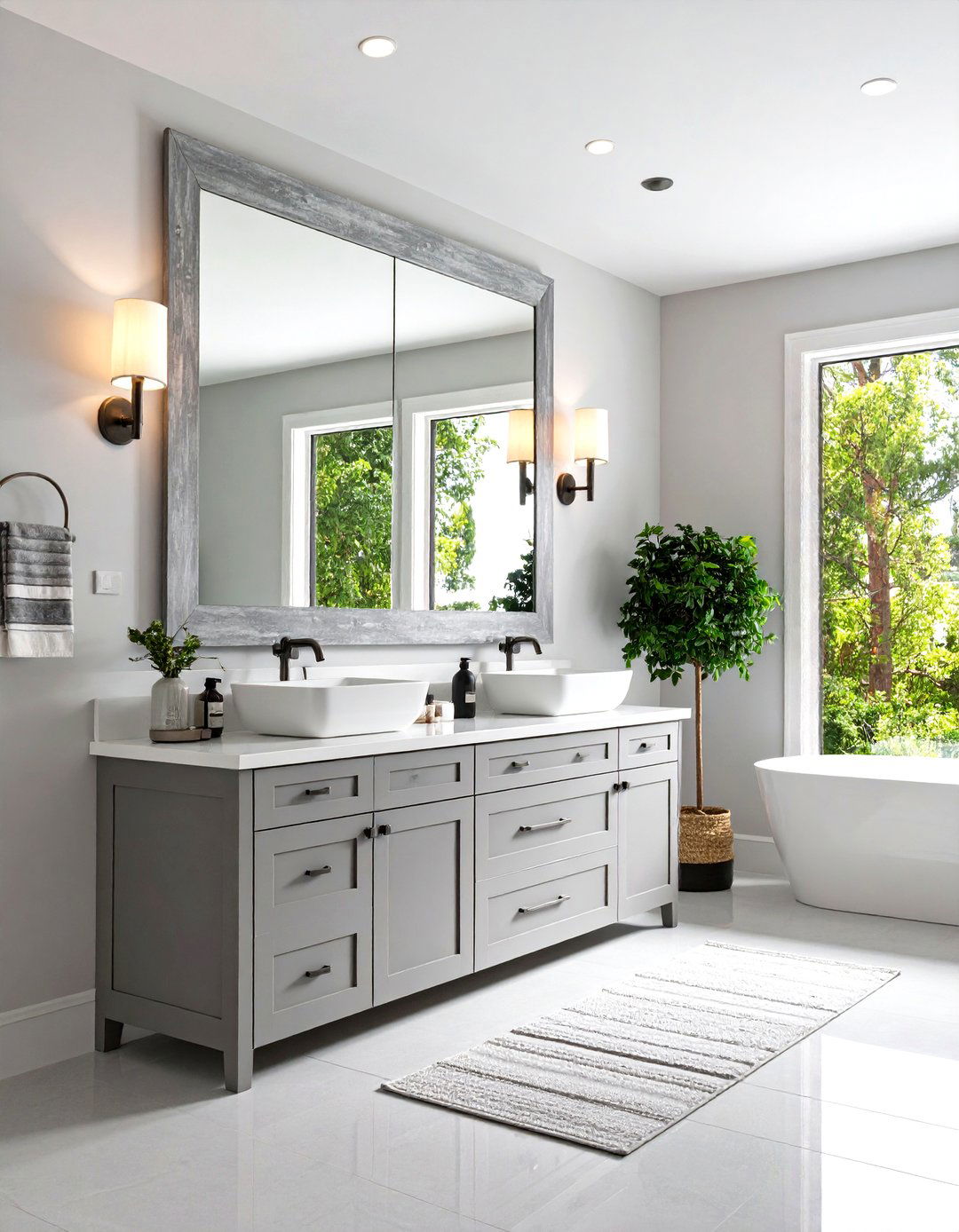 Transitional Bathroom with a Framed Mirror Vanity - 30 light grey vanity bathroom ideas