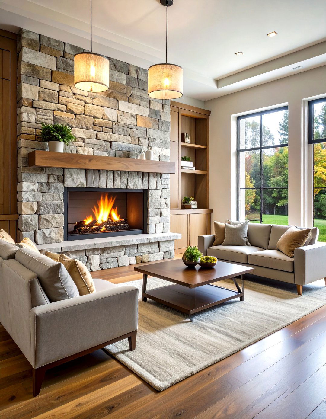 Transitional Cut Stone Fireplace - 30 living room stone fireplace ideas