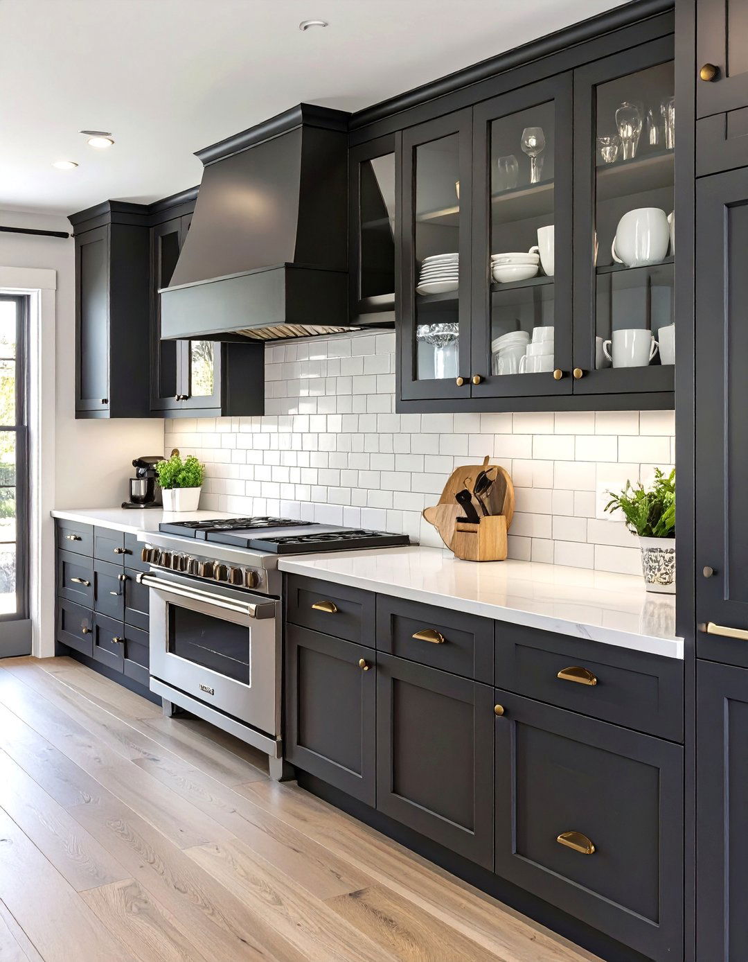 Transitional Dark Kitchen with Glass Front Cabinets - 30 dark kitchen ideas